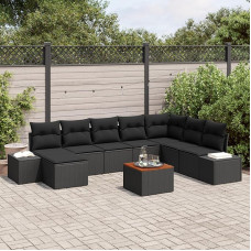 Rantry 9-teiliges Garten Sofa Set mit Kissen Schwarz Poly Rattan Akazie Gartenlounge Model3347996