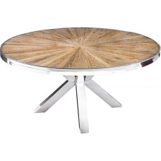 Riess Ambiente Barracuda Round Dining Table 120 cm Brown Teak Solid Wood Glass Top Silver Stainless Steel Chrome-Plated Dining Room Table Kitchen Table