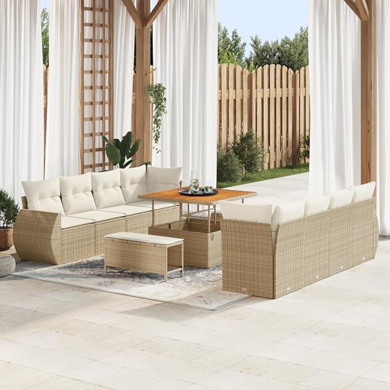 Rantry 11-teiliges Garten Sofa Set mit Kissen Beige Poly Rattan Akazie Gartenlounge Model3361856