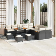 Rantry 14-teiliges Garten Sofa Set mit Kissen Schwarz Poly Rattan Akazie Gartenlounge Model3363110