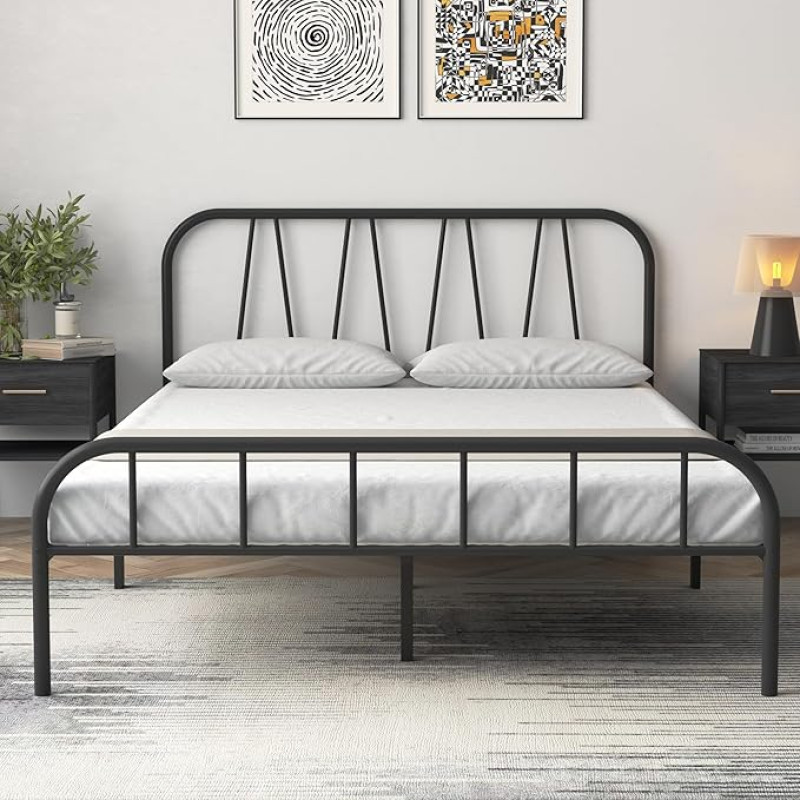 Yocreat Double Bed Frame, Solid Metal Bed Frame, Modern Platform Bed with High Headboard & Footboard, Ample Under Bed Storage, Easy Assembly, Black (135 x 190 cm)