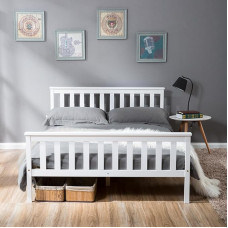 Double Bed White Solid Wooden Frame 4ft6 for Adults Teenagers Kids
