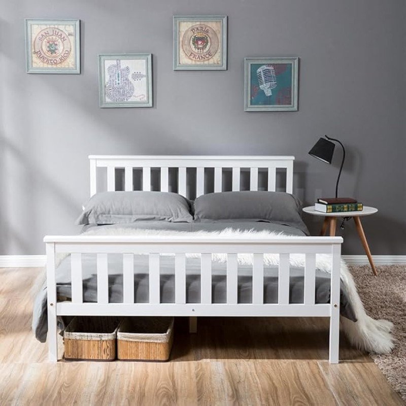 Double Bed White Solid Wooden Frame 4ft6 for Adults Teenagers Kids