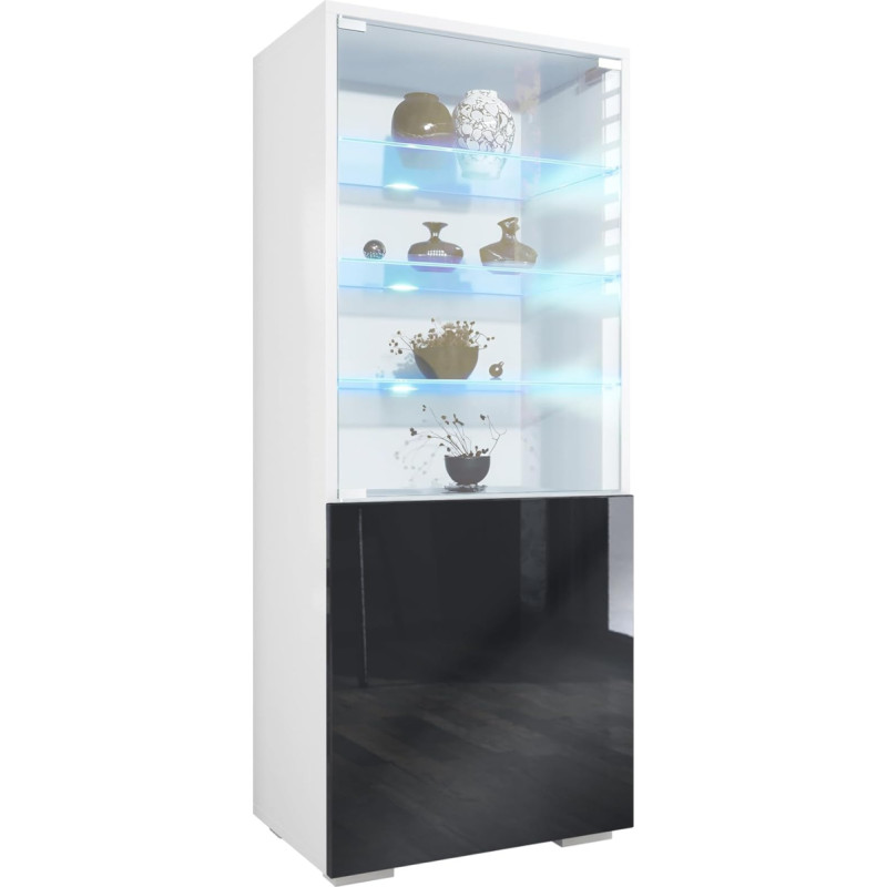 Vladon Granada Display Cabinet with Glass Door and Glass Insert Including LED, Matte White / Black High Gloss (50 x 122.5 x 34.5 cm)