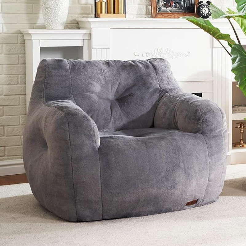 Hobestluk Bean Bag Sofa for Adults, Comfortable Bean Bag Sofa, Fluffy Bean Bag, Plush Chair, Large Foam Sofa with Filler with Armrest for Apartment, Dorm, Living Room, Bedroom (Grey)