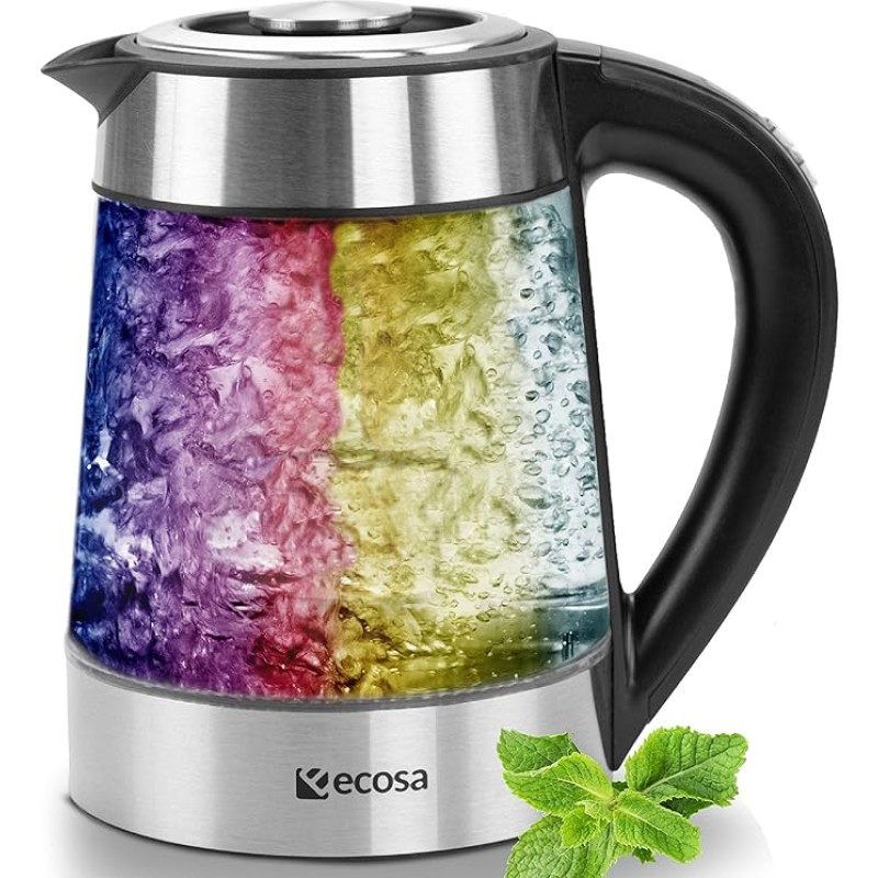 Klaasist veekeetja 1,7 liitrine, 2200 W, roostevabast terasest, temperatuuri valikuga | Teekeetja | 100% BPA (bisfenool A) vaba | Soojendusfunktsioon | LED valgustus värvimuutusega | Temperatuuri seadistus (40°C - 100°C)