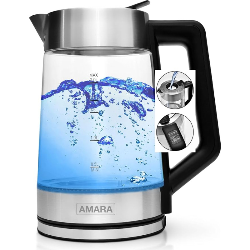 AMARA klaasist veekeetja temperatuuri seadistusega 2200 Watt 2L Väga vaikne I veekeetja temperatuuri valik 50-100 °C I lihtsa täitmissüsteemiga I LED värvimuutus näitab temperatuuri - veekeetja