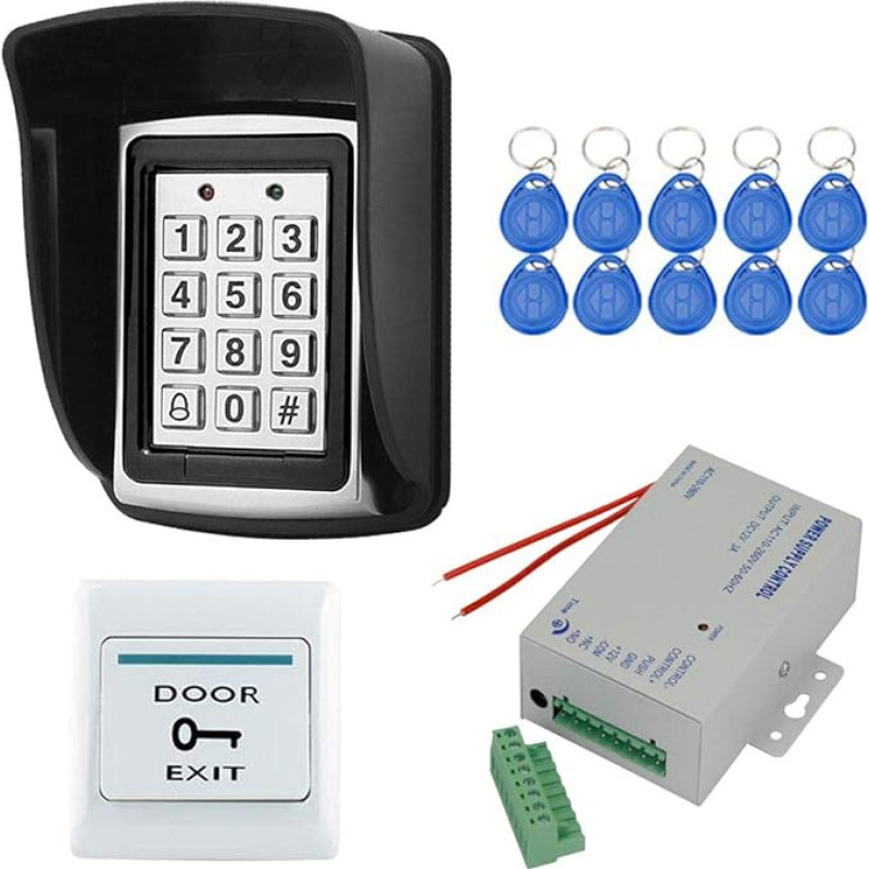 YAVIS RFID Metal Code Lock Door Opener Keyboard Access Control System Kit Set 125 kHz EM Card Reader Weigang 26 + Waterproof Rain Cover + Power Supply + Exit Button + 10 RFID ID Key Fob