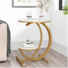 Tribesigns Modern Side Table with Faux Marble Table Top, 2-Tier Side Table with C Shaped Metal Legs for Living Room, White and Gold, Bedside Table for Bedroom (1, Round)
