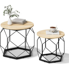 WOLTU BTS05hei Coffee Tables Set of 2, Side Tables with Round Table Top, Sofa Table with Hollow Metal Frame, Living Room Table with Storage Space, Made of Wood Material, Wood Look, Light Oak + Black