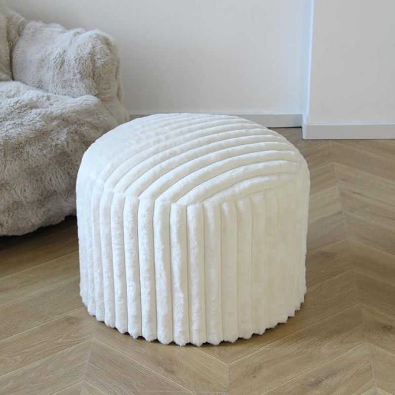 DAWNYIELD Round Pouf Stool, Round Bean Bag Footstool, Couch Stool, Footstool with High-Quality Faux Fur, Pouf, Bean Pouf Cushion, Indoor Stool for Couch and Living Room, 38 x 50 x 50 cm, White