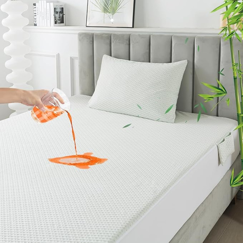 RICHAIR Mattress Protector 180 x 200 cm, Bamboo Mattress Topper Waterproof with a Pillow Case, Stretchy up to 30 cm Deep, Ultra Soft Breathable Mattress Topper with All-Round Elastic Band