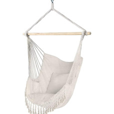VOUNOT Hanging Chair with 2 Cushions and Book Compartment, XXL Hammock Hanging Swing for Indoor Outdoor Garden, Beige