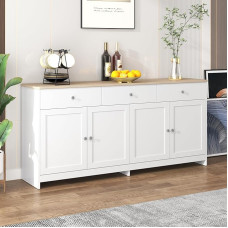 Ymkua Sideboard, Buffet Cabinet, Chest of Drawers for Living Room and Dining Room, Storage Cabinet with 4 Doors and 3 Drawers, Modern Living Room Cabinet, 160 x 37 x 75 cm, Wood and White