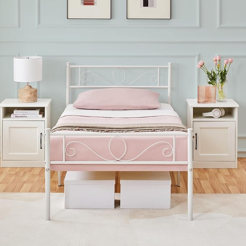 Yaheetech Metal Bed Frame Metal Bed Frame Single Bed for 90 x 190 cm Mattress Guest Bed for Small Spaces, White