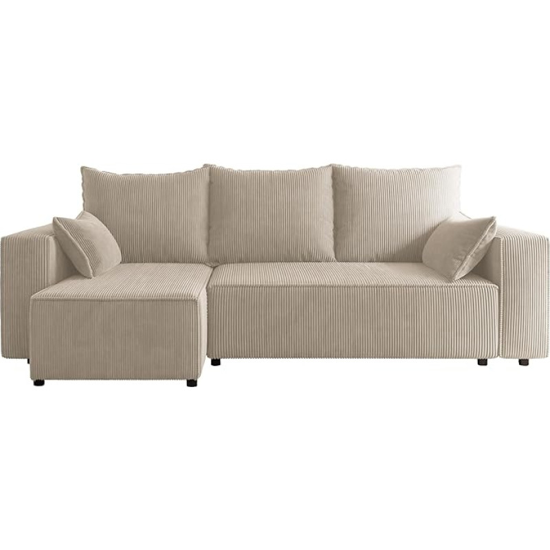 4ALL HOME Tobi Corner Sofa with Sleep Function, 246 x 145 cm, Couch, Sofa with Bed Box, Corner Sofa, L-Shape, Sofa Bed with Bed Box, Universal (Cord Poso 100 Beige)