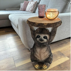 OF Side Table, Sofa Table Round for Couch - Bedside Table, Garden Table with Decorative Sloth Figure - Natural Colour - 51 cm High - Suitable for Outdoor Use