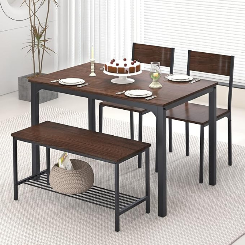 SogesHome Dining Table Set 4-Piece Dining Room Table Furniture Table Set 2 Chairs and Bench with Shelf Made of Wood and Steel Frame for Dining Room Kitchen