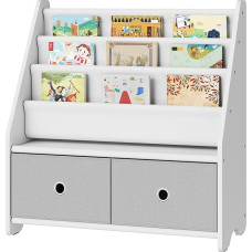 CHOEZON Kids Bookcase, Kids Shelf, Toy Organiser, with 3 Fabric Compartments and 2 Pull Out Toy Boxes, for Kids 3-8 Years Old, for Nursery Playroom, White and Grey DMCW06WT