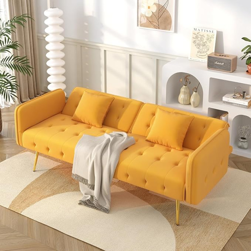 Dolamaní 2-Seater Sofa Bed Couch with Sleep Function, Reclining Backrest 105°/135°/180°, Velvet Fabric for Small Spaces, Flats, Living Room (Yellow)