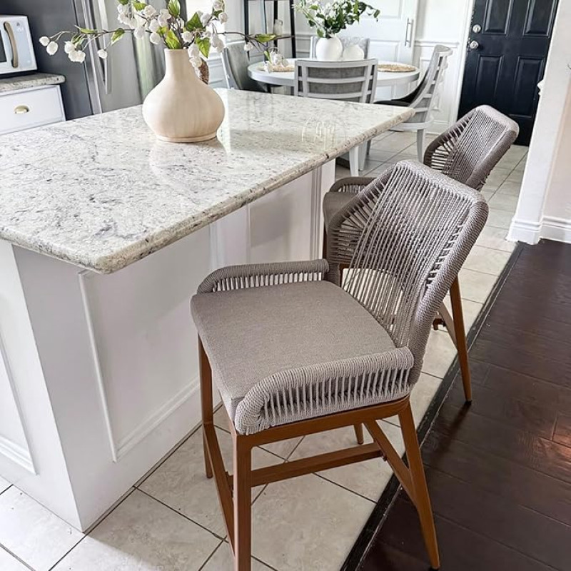 PURPLE LEAF Bar Stools Set of 2, Aluminium Garden Chairs with Armrests and Backrest, Outdoor Bar Stools Rattan, Weatherproof, Bar Stools with Padded Seats, Bohemian Style, for Garden, Kitchens