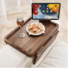 HOLANA 40 cm Acacia Couch Armrest Table - Wooden Couch Armrest Tray with Phone Holder - Sofa Side Table Armchair Caddy Sofa Armrest Table for Home Sofa Living Room (Walnut)
