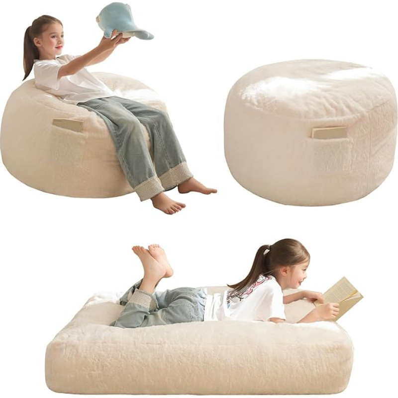MAXYOYO Bean Bag Bed - Convertible from Bean Bag Chair to Bed - Foam Sofa with Shaggy Cover and Fluffy Filling for Children, Teenagers, Guests (Beige, 130 x 90 cm)