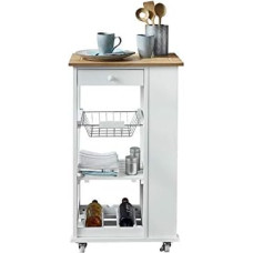 Phoenix Nizza Serving Trolley with 1 Drawer, 1 Metal Basket, 1 Shelf and 1 Bottle Holder, Bamboo Worktop, Plastic Wheels, Painted White, White