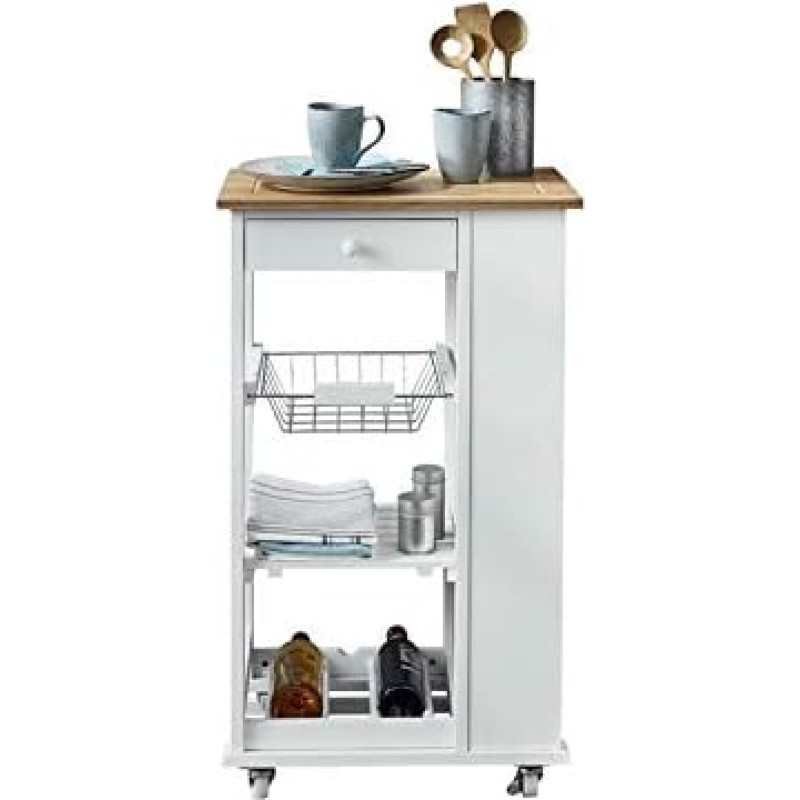 Phoenix Nizza Serving Trolley with 1 Drawer, 1 Metal Basket, 1 Shelf and 1 Bottle Holder, Bamboo Worktop, Plastic Wheels, Painted White, White