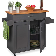 Relaxdays Kitchen Trolley Worktop Drawer 2 Compartment Spice & Towel Rack Mobile Kitchen Cabinet Grey / Natural