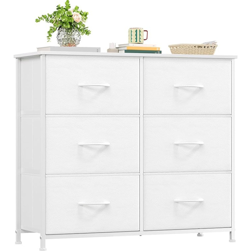 Somdot Chest of Drawers White with 6 Fabric Drawers, Sideboard with Wooden Top, Cabinet for Living Room, Hallway, Dresser Cabinet, Kitchen Cabinet, Bedroom Cabinet, Storage Cabinet