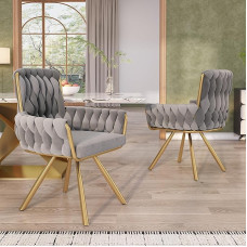 Merax Swivel Chairs, Set of 2, Modern Dining Room Chairs with High Backrest, Upholstered Velvet Chair, Armrest Chair, Swivel with Metal Legs, for Dining Room, Living Room, Bedroom, Grey