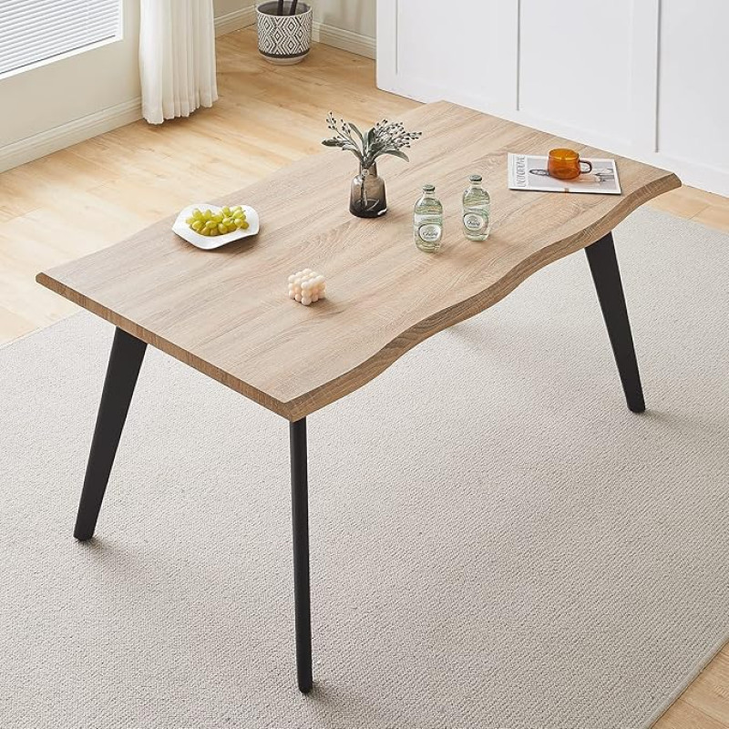TUKAILAI Wooden Dining Table, 140 cm, Kitchen Table with Wavy Edge and Metal Legs, Modern Rectangular Dining Room Table for 4-6 People, Living Room, Breakfast Table for Kitchen, Dining Room, Natural