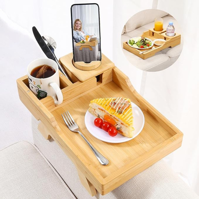 AISONGDONG Couch Drink Holder, Non-Slip Sofa Arm Tray with 360 Rotating Phone Holder, Clip Tray, Side Table for Living Room (15.3 x 9.8 inch, Bamboo)