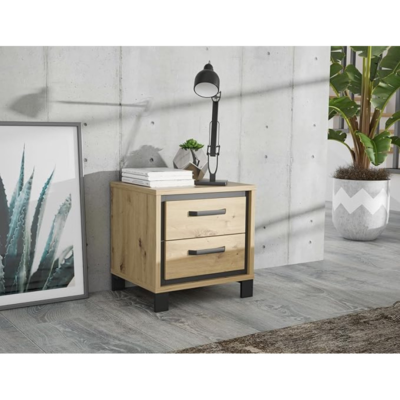 Forte Trondheim 50 Bedside Table with 2 Drawers, Bedside Cabinet, Wood Composite, Artisan Oak/Black Oak Wood Decor, 49.4 cm Wide x 49.3 cm High x 41.5 cm Deep