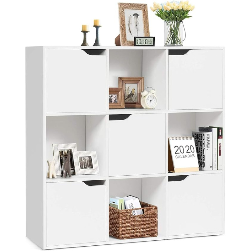 GOPLUS White Bookcase with 9 Compartments and 5 Doors, Cube Shelf Wood with Tilt Protection, Modern Storage Shelf, Standing Shelf for Living Room, Children's Room, 90 x 29 x 90 cm