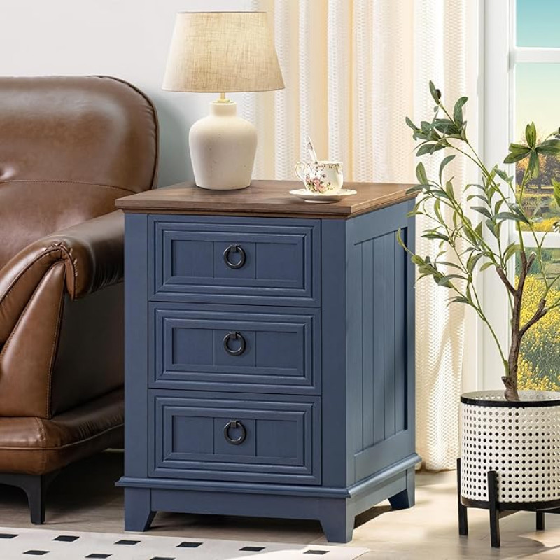 46 cm Country Style Bedside Table with 3 Drawers, Side Table Chest of Drawers for Bedroom, Blue Bedside Tables, Wooden Bed Side Table with Metal Handle, Bedside Cabinet for Living Room Bedroom