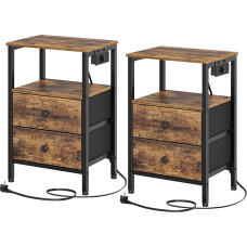 YATINEY Bedside Tables Set of 2 Bedside Tables with Charging Function Side Tables Industrial Coffee Tables 2 Drawers for Small Spaces Living Room Bedroom Office Vintage Brown and Black XET02L2CBR