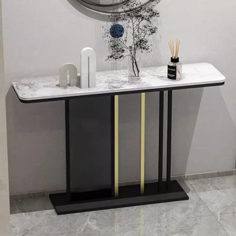 Modern Sofa Table for Console Slim Behind Couch Shelf with Transparent Marble Top, Black Gold Geometric Design, Stylish H Table for Living Room Decoration