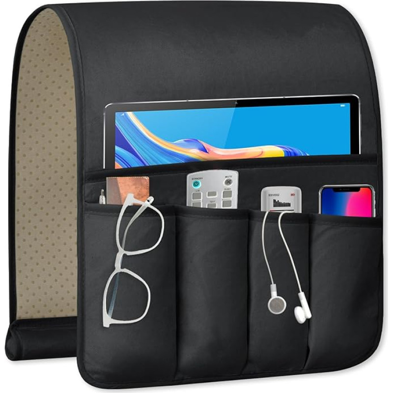 WETRBWEH TV Remote Control Holder, Couch Caddy, Non-Slip Bedside Organizer with 5 Pockets for Keys, Glasses, Mobile Phone, Magazine Holder (Black, 35 x 12.4 inches)