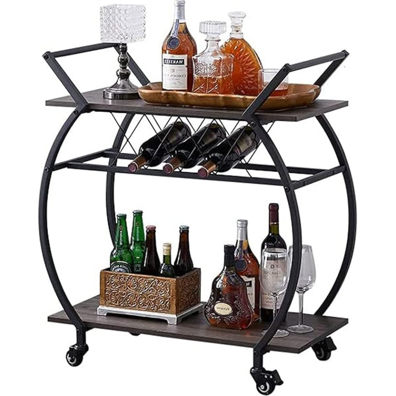 LVB Bar Cart with Wine Rack, 2-Tier Kitchen Coffee Basket on Wheels, Industrial Wood and Metal, Portable Liquor Wine Cart for Home, Rustic Modern Mobile Trolley with Shelves