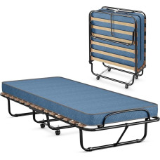 GIANTEX Folding Guest Bed, 80 x 190 cm, Adults, Single Bed with Memory Foam Mattress, Travel Cot with 4 Wheels, Folding Bed, Metal Bed, Metal Frame, 130 kg Load Capacity (Blue)