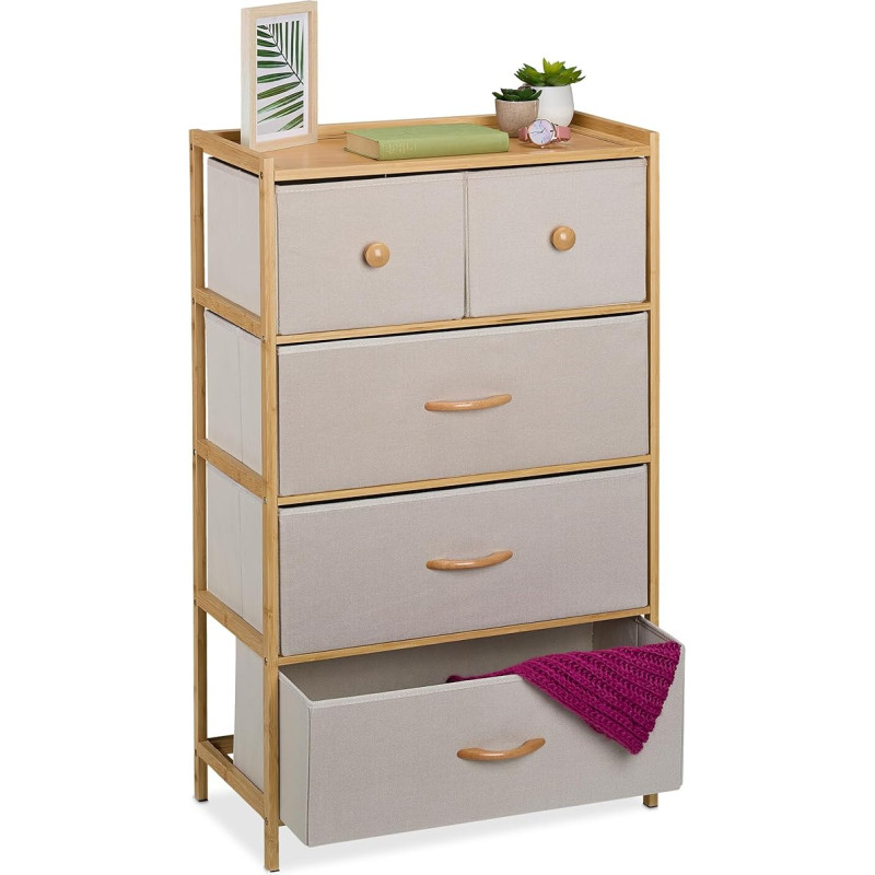 Relaxdays Chest of Drawers, Bamboo, 5 Fabric Drawers, Hallway, Bedroom, HBT 94 x 58 x 32.5 cm, Drawer Cabinet, Natural/Beige