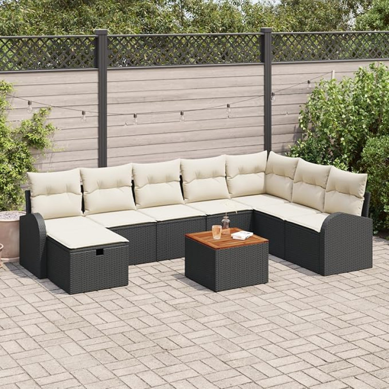 Rantry 9-teiliges Garten Sofa Set mit Kissen in Schwarz Poly Rattan, 2-Sitzer Garten Sofa mit Stauraum & Kissen in Schwarz Poly Rattan Gartenlounge Model3360855