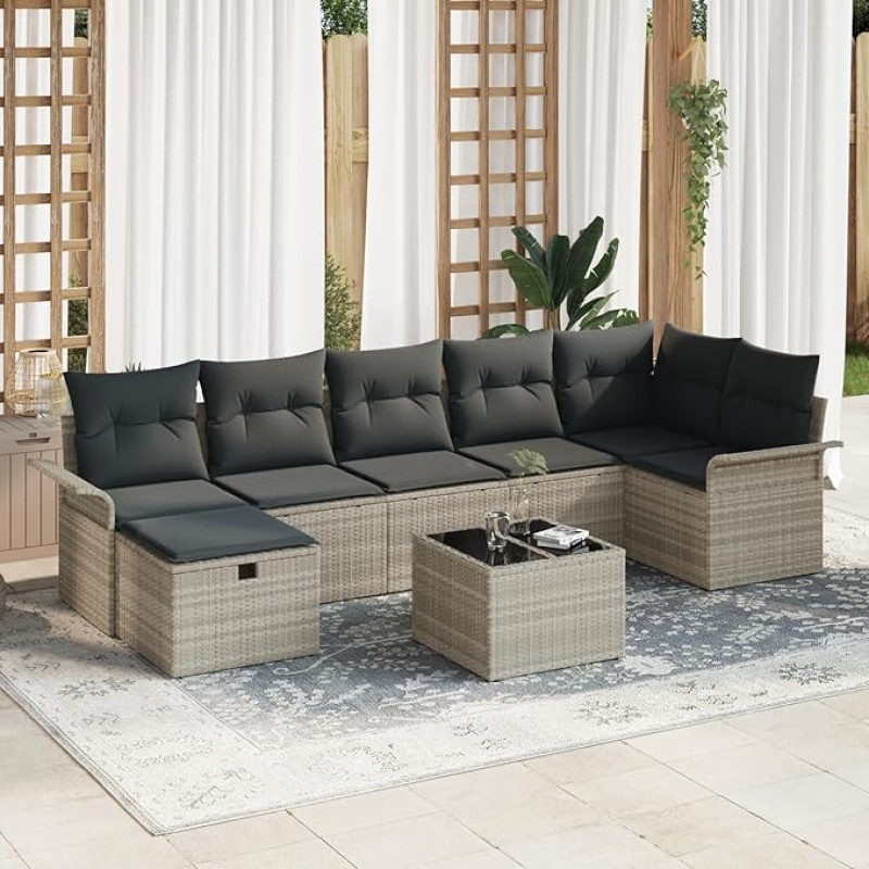Rantry 8-teiliges Garten Sofa Set mit Kissen in Hellgrau aus Poly Rattan, 2-Sitzer Garten Sofa mit Stauraum & Kissen in Hellgrau aus Poly Rattan Gartenlounge Model3360243