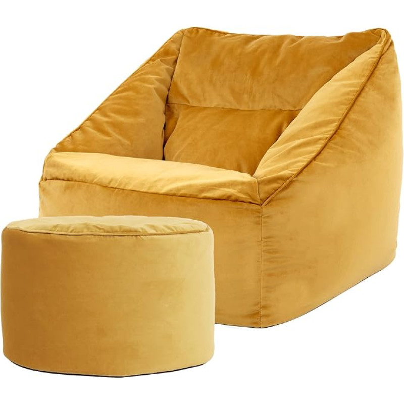 Icon Natalia Bean Bag Chair with Pouf for Adults, Yellow, Fluffy Velvet Fabric, Giant Velvet Bean Bag with Filling, Bean Bag Chair, Comfortable Armchair for Living Room, Lounge, Bedroom, Office