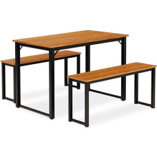 East West Furniture Parmer 3-Piece Dining Set with Metal Frame for Small Spaces, Includes a Rectangular Table and 2 Benches, 109 x 71 x 76 cm, Black Top and Brown Wood