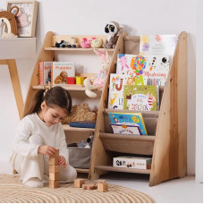 Goodevas Children's Book Shelf - Stylish Wooden Bookshelves for Children, Unique Design, Safe and Functional Toy Organiser for Bedroom, Playroom and Children's Room (Beige, Middle)