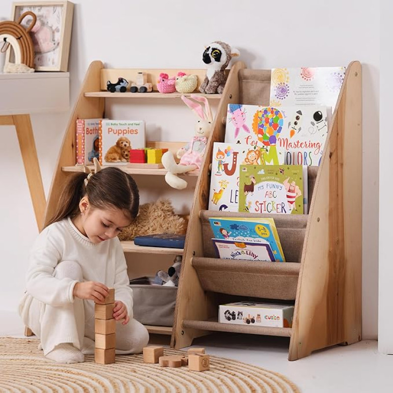 Goodevas Children's Book Shelf - Stylish Wooden Bookshelves for Children, Unique Design, Safe and Functional Toy Organiser for Bedroom, Playroom and Children's Room (Beige, Middle)