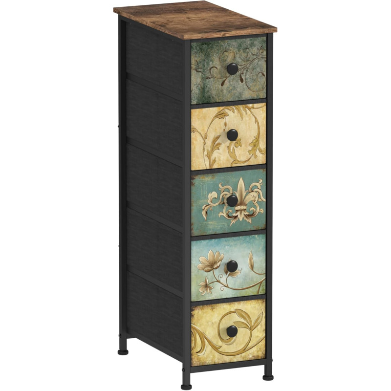 VEDECASA Narrow Chest of Drawers with 5 Drawers Made of Fabric Bohemian Dressing Table Chest of Drawers Cabinet Drawer Cabinet for Bedroom Living Room Hallway Made of Metal Frame Wood Material Vintage